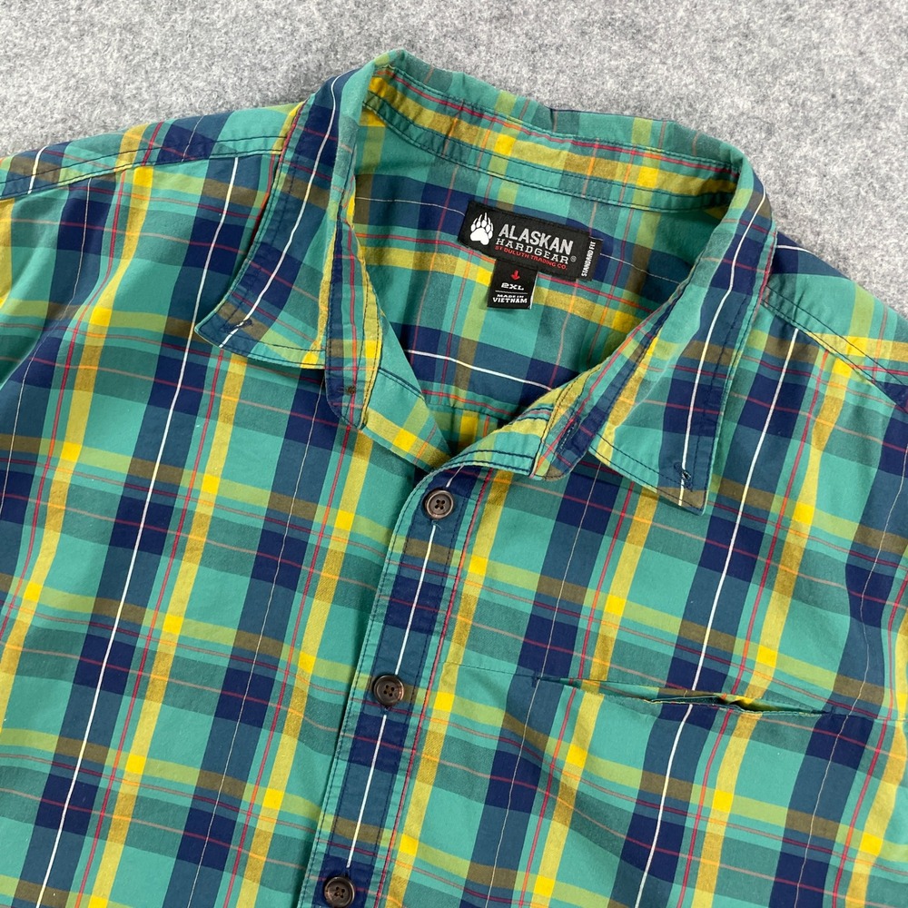 Alaskan Hardgear Mens Button Down Shirt XXL Green Plaid Short Sleeve Vent Cape
